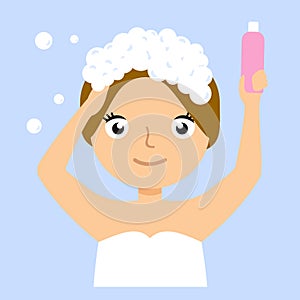 Girl Washing Her Hair Portrait Flat Cartoon Simple Illustration In Sweet Gitly Style Isolated On White Background