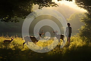 Girl watching family of deer graze in sunlit meadow. Generative AI