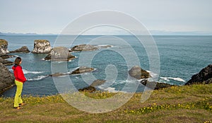 Girl watching over coastline of Snaefellsnes peninsula