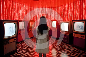 Girl Watching Retro Televisions in Red Room. Generative AI