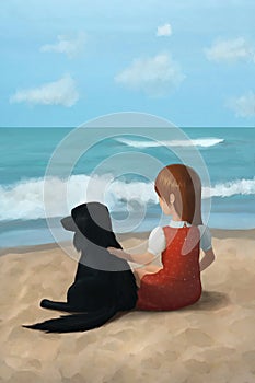 Girl watching the sea with her dog