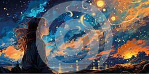 Girl watching the stars in night sky - Vector illustration