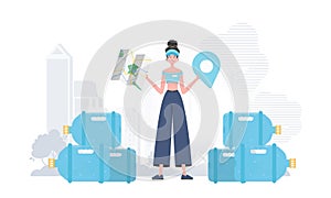 Girl water delivery operator holding a map. Stylish character is depicted in full growth. Vector.