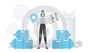 Girl water delivery operator holding a map. The trendy character is depicted in full growth. Vector.