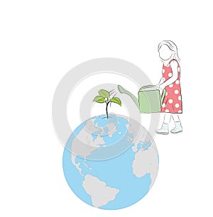 The girl watered a plant that grows from the Earth. world environment day. vector illustration.