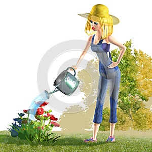 Girl watering flowers