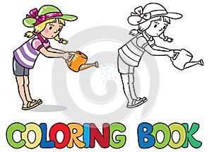 Girl watering the flowers. Coloring book