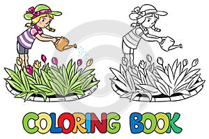 Girl watering the flowers. Coloring book