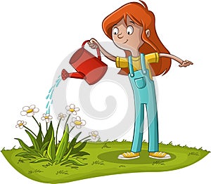Girl watering flowers in the garden.