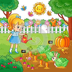 Girl is watering garden bed with vegetables.