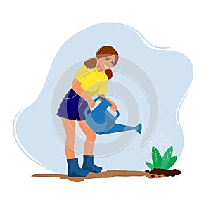 girl watering a plant from a watering can. color vector illustration in flat style