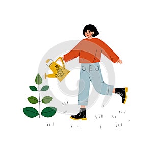 Girl Watering Plant with Watering Can, Young Woman Working in Garden or Farm Vector Illustration