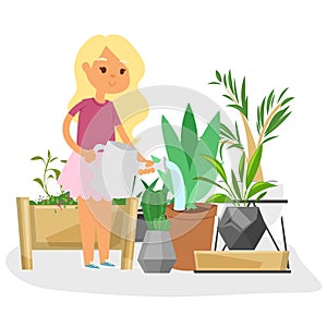 Girl watering plants at greenhouse or home garden vector illustration. Gardening home plants growing in pots. Girl
