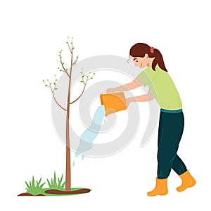 Girl is watering a young tree. Female gardener grows plant. Green economy and forestation concept. Vector flat design