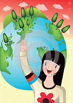 girl waving hands in front of green globe. Vector illustration decorative design