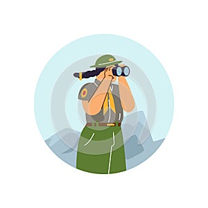 Girl wear scout uniform looks through binoculars, vector cartoon summer camp scout on mountains scenery, explorer
