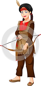 Girl wearing american indian clothes and carry arrows