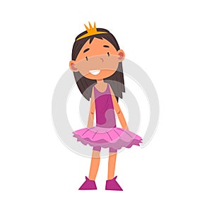 Girl Wearing Ballerina Costume and Crown, Cute Kid Playing Dress Up Game Cartoon Vector Illustration