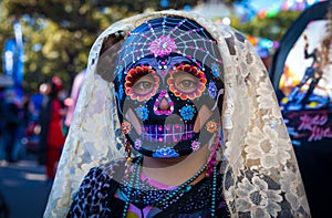 Girl wearing colorful sugar skull mask and lace veil for Dia de