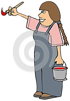 Girl wearing coveralls holding a paint can and brush