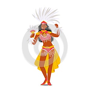 Girl Wearing Festival Costume with Feathers Dancing at Carnival in Rio De Janeiro. Brazilian Samba Dancer Woman