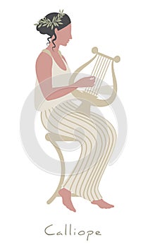 Girl wearing laurel wreath, dressed in ancient Greek style playing the lyre. Greek mythology. Muse Calliope. Isolated on white