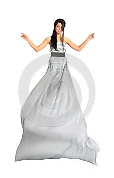 Girl wearing long silver dress isolated