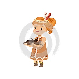 Girl wearing native Indian costume carrying an armful of firewood, kid playing in American Indian vector Illustration on