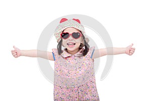 Girl wearing sunglasses and hat over white