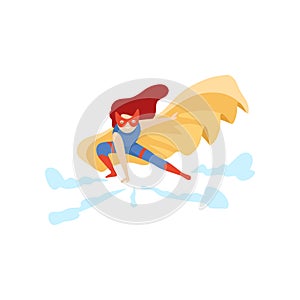 Girl Wearing Superhero Costume, Cute Super Child Character in Red Mask and Golden Cape Vector Illustration