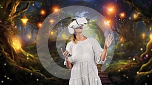 Girl wearing VR glasses while holding phone and pointing at view. Contraption.