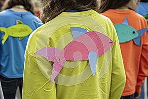 A girl is wearing a yellow shirt with a pink fish on it