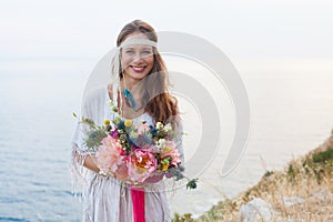 Girl with a wedding bouquet boho style