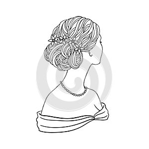 Girl in wedding  hair style with flowers from the back, hand drawn vector illustration