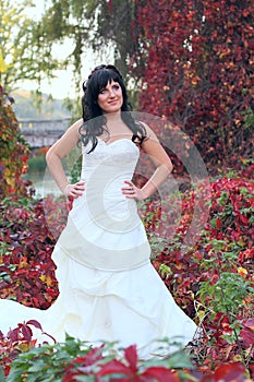 Girl in a weeding dress in a park