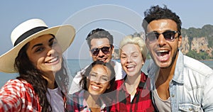 Girl Welcome People Group To Take Selfie Photo On Beach On Cell Smart Phone Happy Cheerful Tourists On Vacation