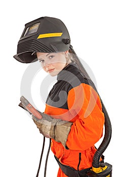 Girl welder worker in welding mask