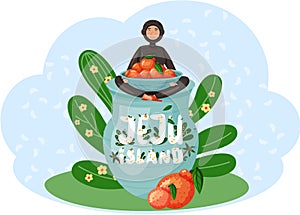 Girl in wetsuit, plants and nature in Jeju. Bowl of seafood, national dish of island