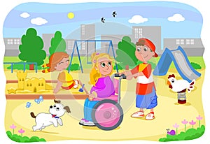 Girl on wheelchair with friends vector