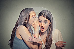 Girl whispering into woman ear telling her shocking secret