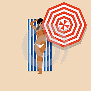 Girl in white bikini on the towel and umbrella illustration