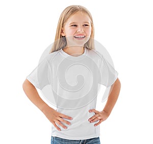 Girl in a white blank t-shirt isolated