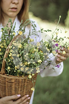 A girl in a white blouse holds a wicker basket with a bouquet of wild flowers. Summer walk in the field. midsection