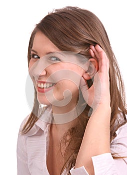 A girl in white blouse listen.