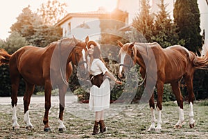 A girl in a white dress and hat next to horses near the nature.Stylish woman walks with horses near the estate