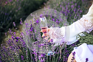 A girl in a white dress holds a glass of champagne among the beautiful lavender bushes. Hand close-up. A place for text. Banner. A