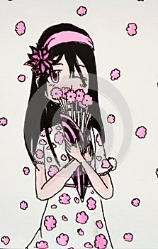 Girl in a white dress with pink flowers in anime style