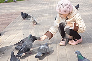 a girl in a white jacket feeds pigeons in the park in the spring