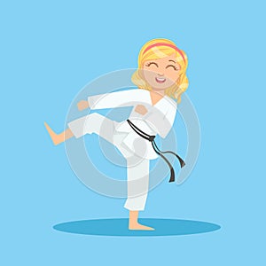 Girl In White Kimono Doing Leg Sidekick On Karate Martial Art Sports Training Cute Smiling Cartoon Character