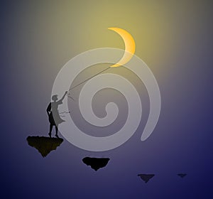 Girl with white moon standing on the flying rock, hold the moon on the sky, life on the flying rock, shadows,